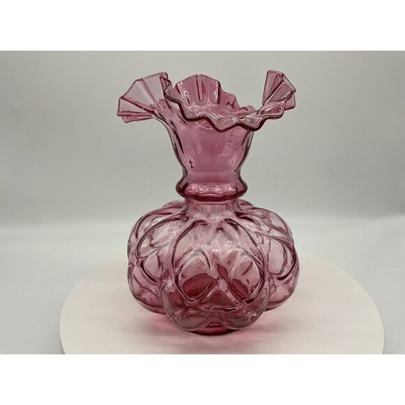 FENTON Cranberry Melon Vase Art Glass Optic Coin Dot Vase Ruffled Edge 8" Tall - Picture 5 of 16